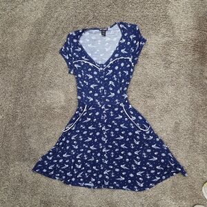 Knee Length Hot Topic Blue & White Nautical Theme Dress W. Pockets Size Womens M